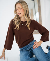 PLEIN PUBLIQUE LE FREJUS merino wool sweater in cacao with three-quarter kimono sleeves.
