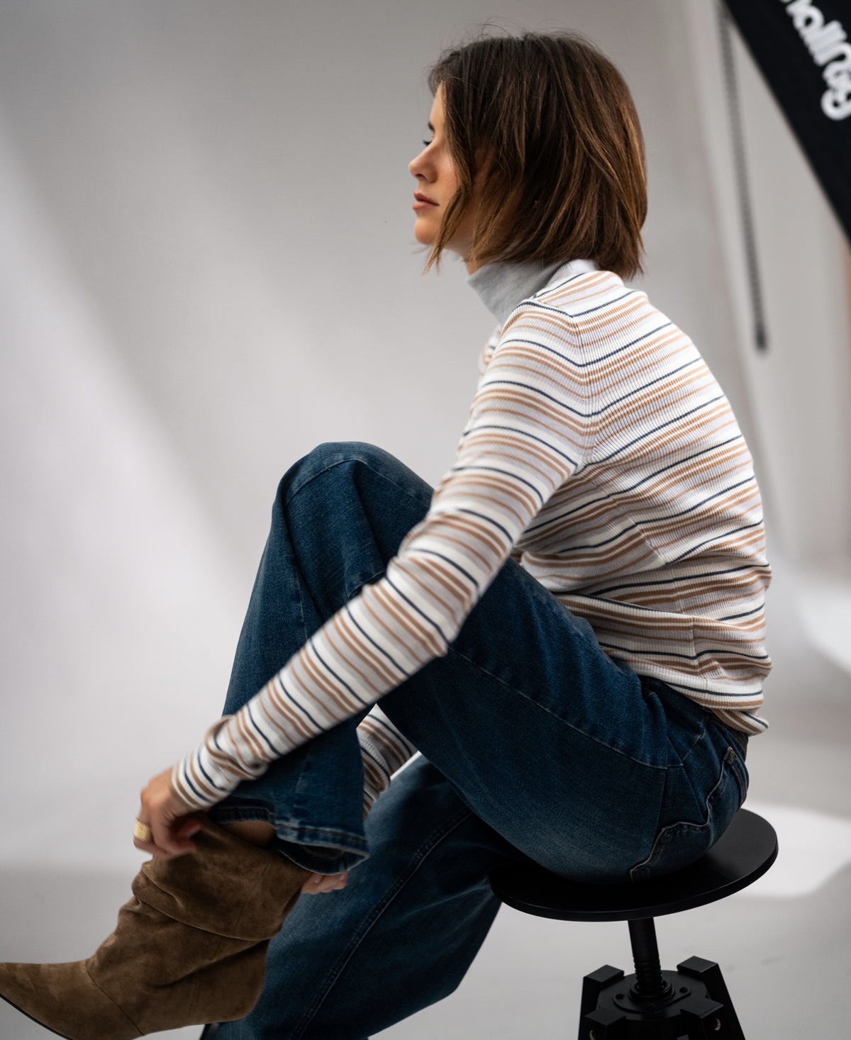 LE FRESCO Striped Merino Turtleneck, Light Gray