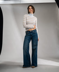 LE FRESCO Striped Merino Turtleneck, Light Gray
