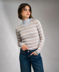 LE FRESCO Striped Merino Turtleneck, Light Gray