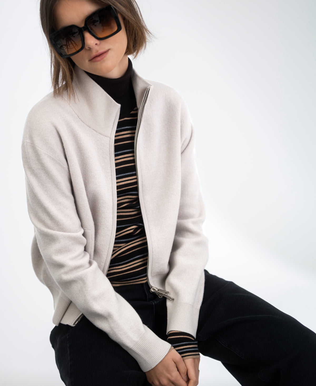 LE FRESCO Striped Merino Turtleneck, Choco - Black