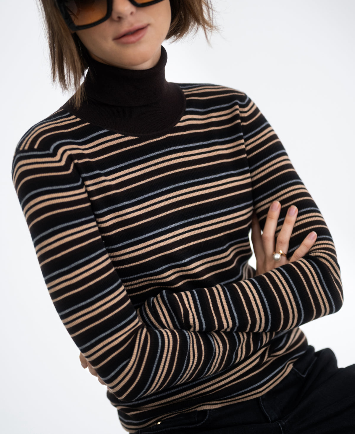LE FRESCO Striped Merino Turtleneck, Choco - Black