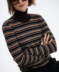 LE FRESCO Striped Merino Turtleneck, Choco - Black
