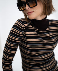 LE FRESCO Striped Merino Turtleneck, Choco - Black