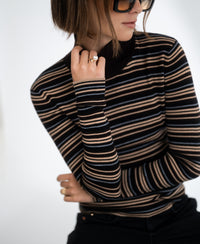 LE FRESCO Striped Merino Turtleneck, Choco - Black