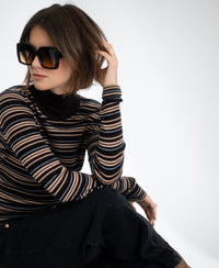 LE FRESCO Striped Merino Turtleneck, Choco - Black
