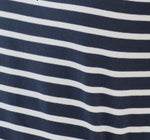 Navy blue fabric with horizontal white stripes, evenly spaced.