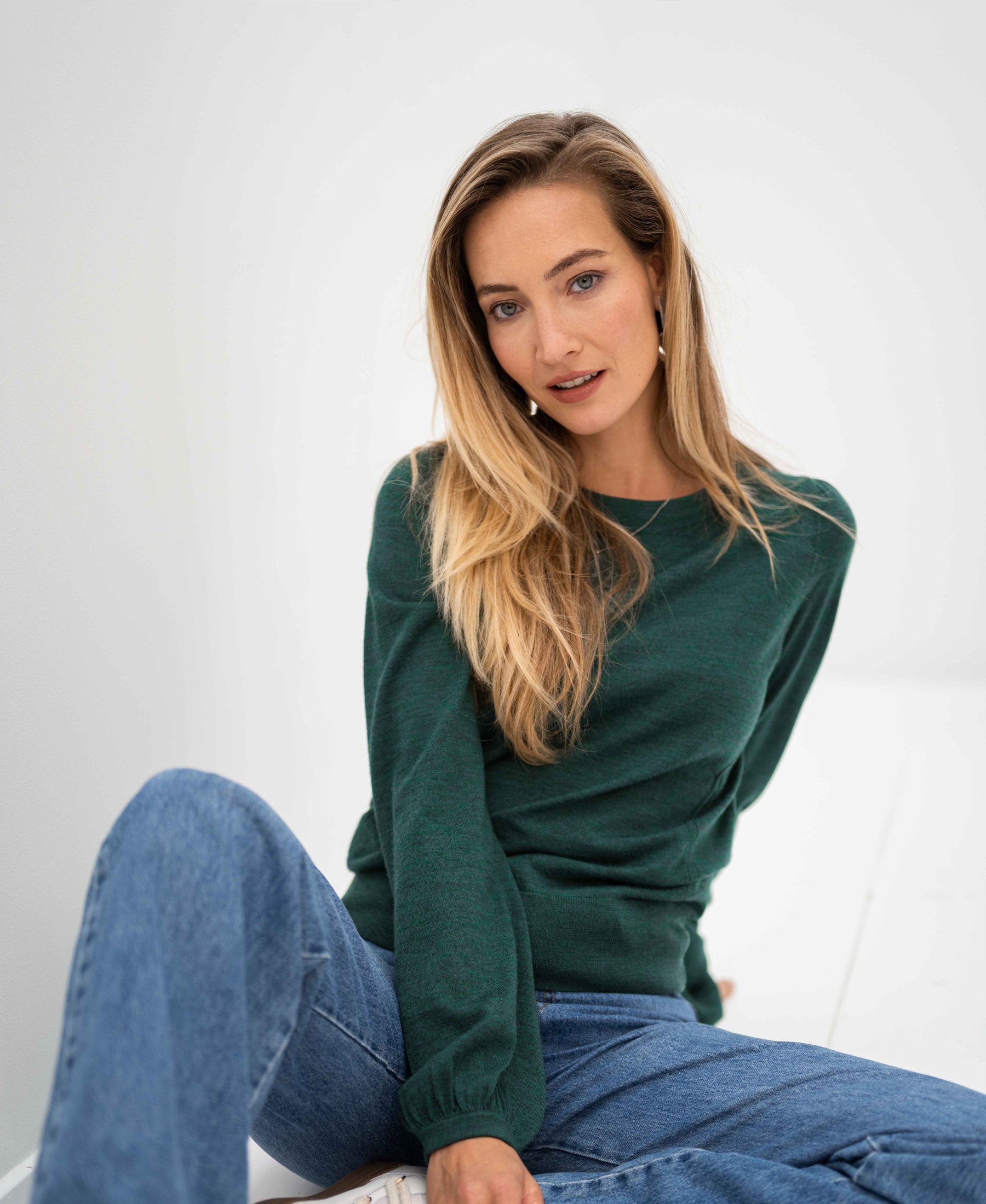 Merino wool sweater LA COEUR Greenish by PLEIN PUBLIQUE shown against a light background.
