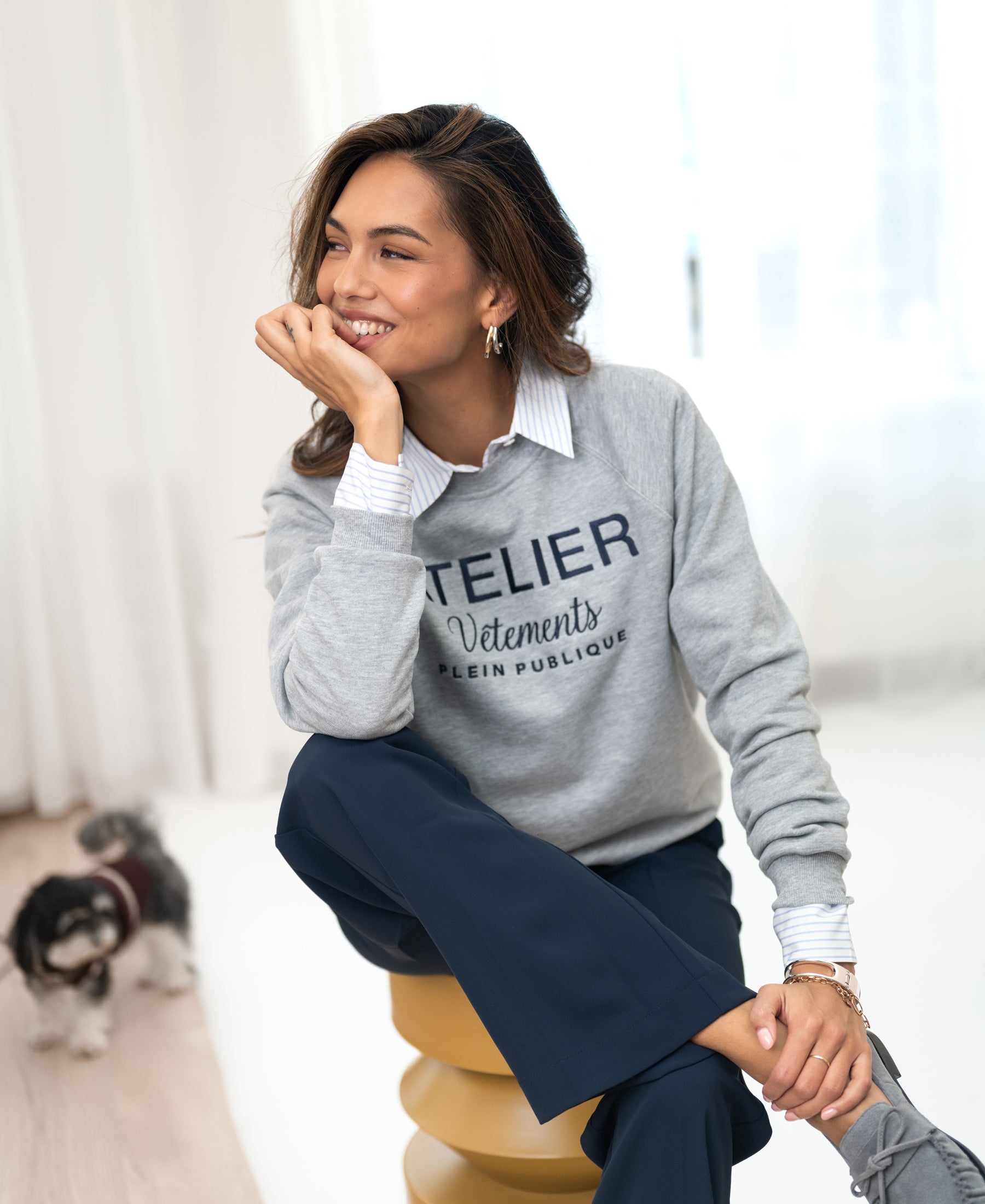 Light grey PLEIN PUBLIQUE LA HARPER sweater displayed indoors.