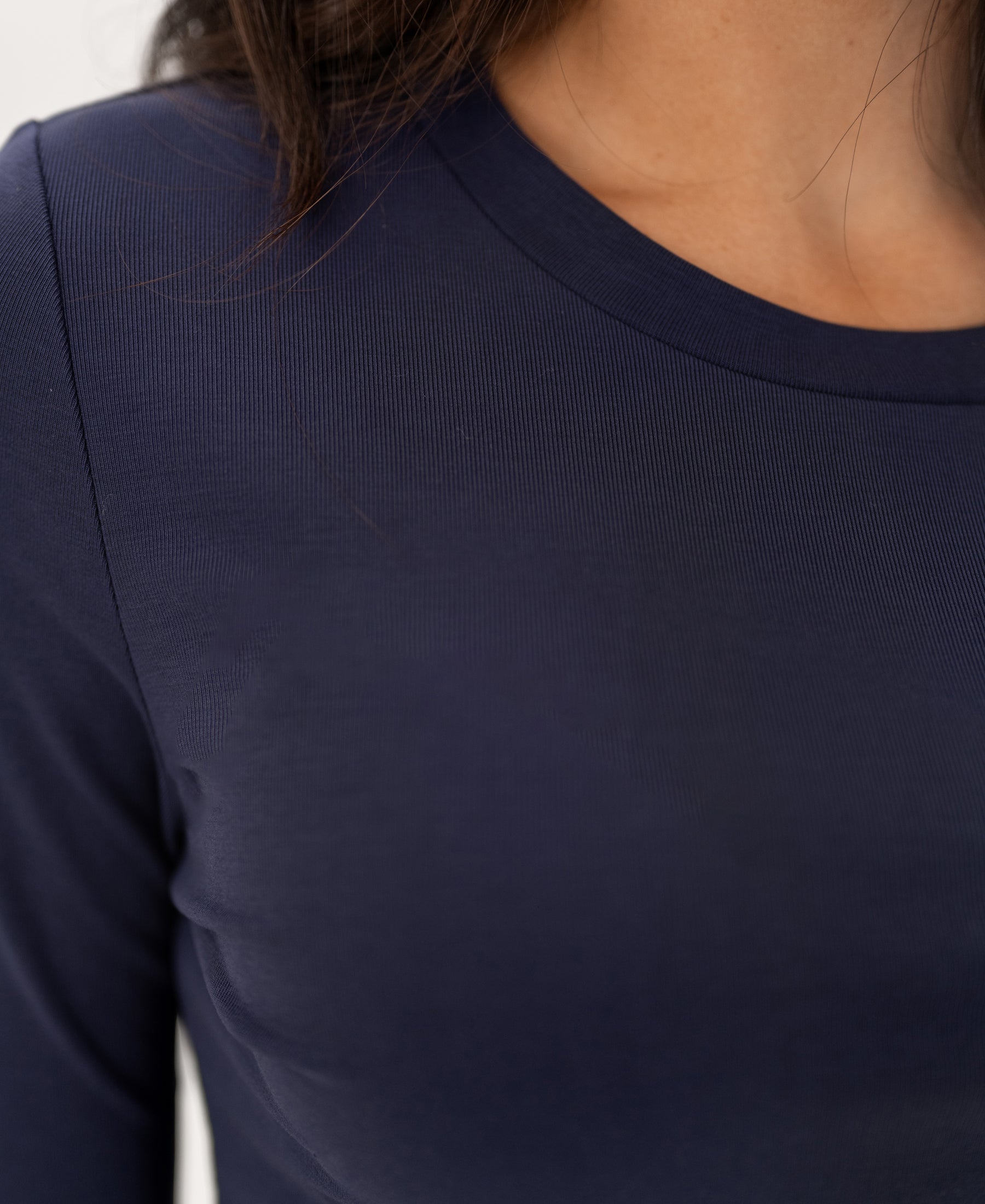 Close-up of the PLEIN PUBLIQUE Luxe long sleeve T-shirt in navy, showing neckline and shoulder details.