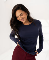 Navy long sleeve Luxe T-shirt LA JANE by PLEIN PUBLIQUE, shown indoors.