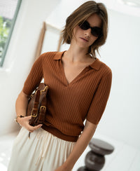 Brown Tencel-silk polo shirt, short-sleeved, worn indoors.
