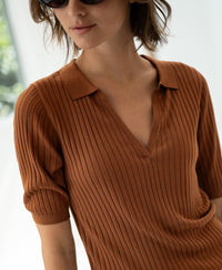 Tencel-silk polo shirt in Havana color by PLEIN PUBLIQUE shown in soft natural light.