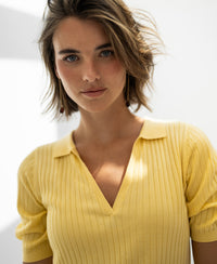 Yellow Tencel-silk LE JASMIN polo shirt by PLEIN PUBLIQUE shown against a light background.