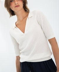 White Tencel-silk polo shirt by PLEIN PUBLIQUE, Le Jasmin style, shown against a light background.