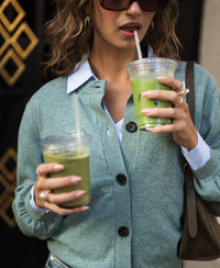 Mist blue-green PLEIN PUBLIQUE round neck cardigan LA LEA shown on model.