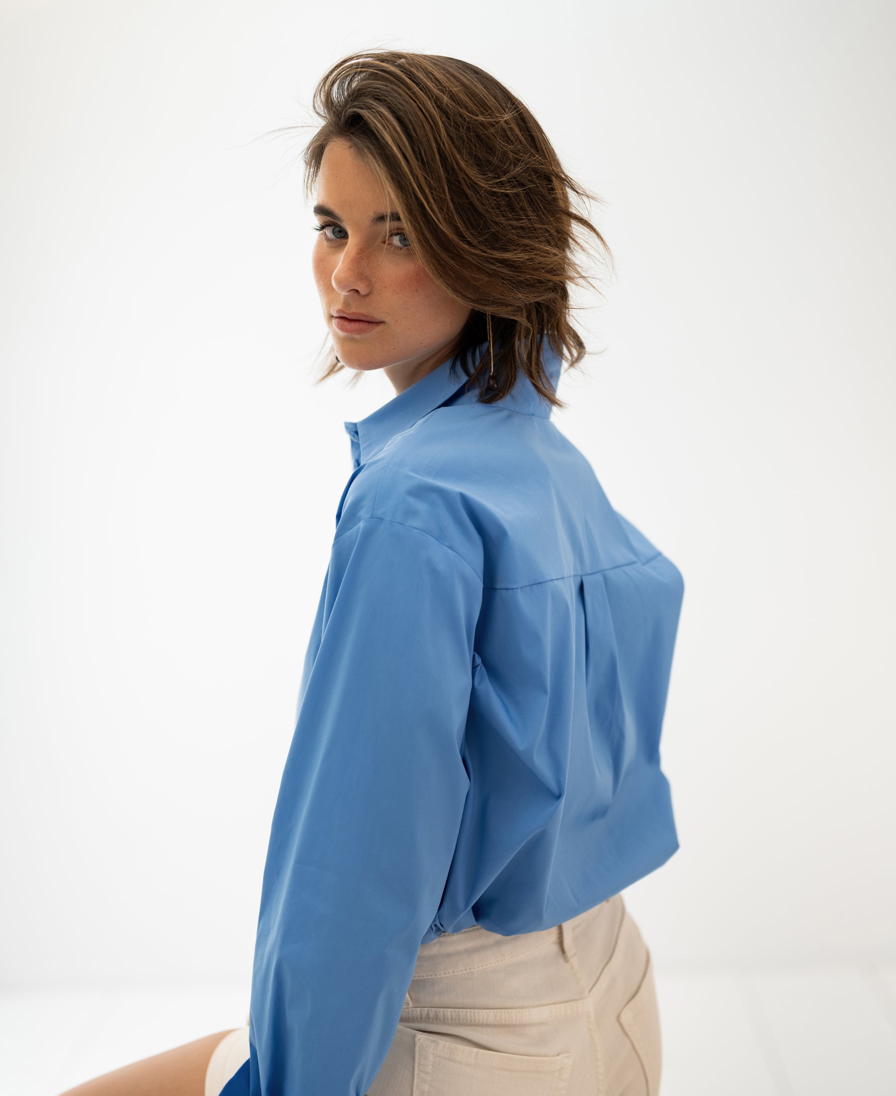 Blue oversized easy-iron blouse from Plein Publique, Le Lille style.