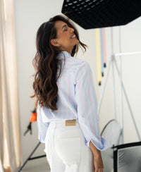 Striped blouse in light blue and coral by PLEIN PUBLIQUE, LA LOIRE style.