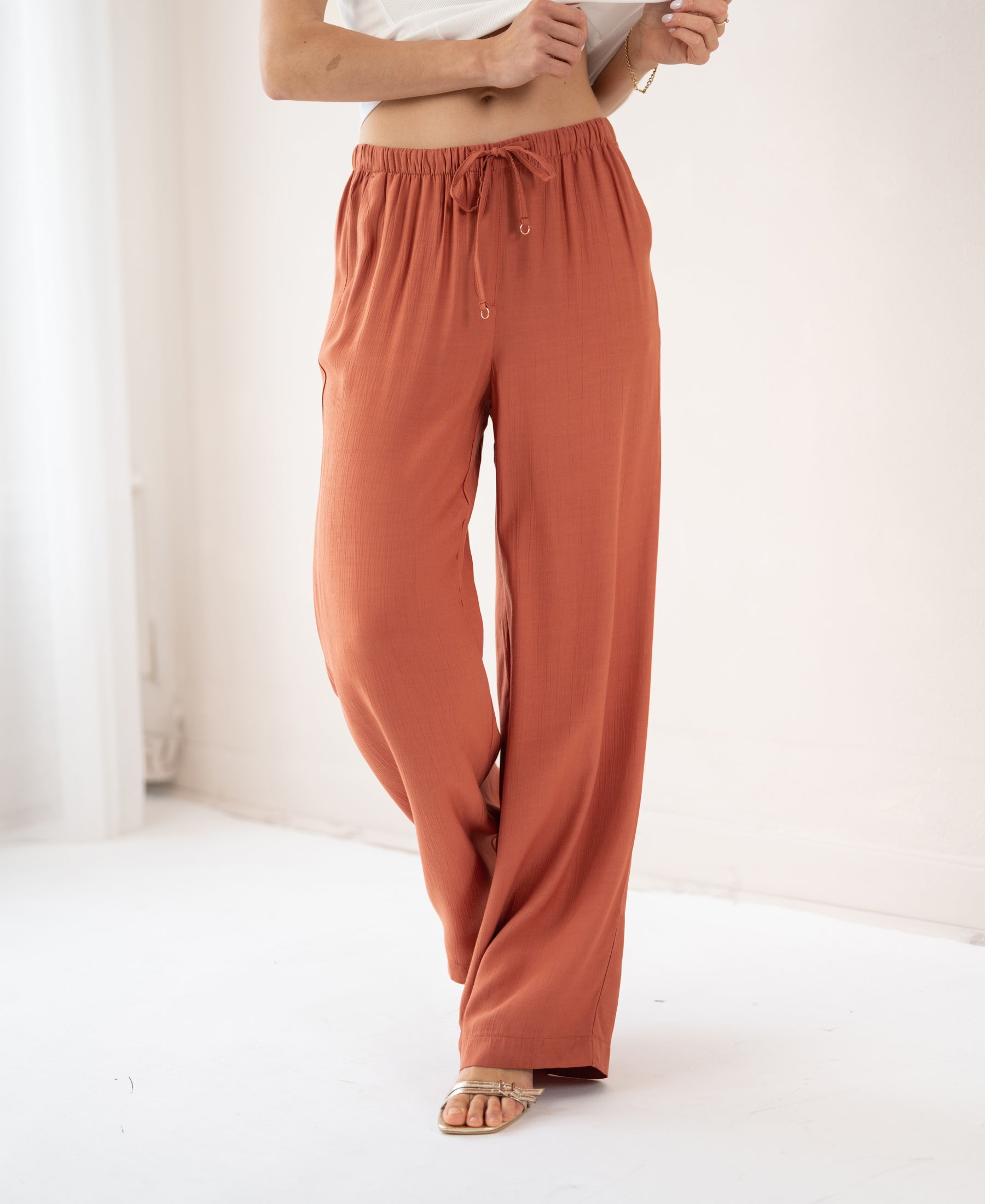 Terra-colored LA LYNETTE pants with elastic waist, shown in a bright room.