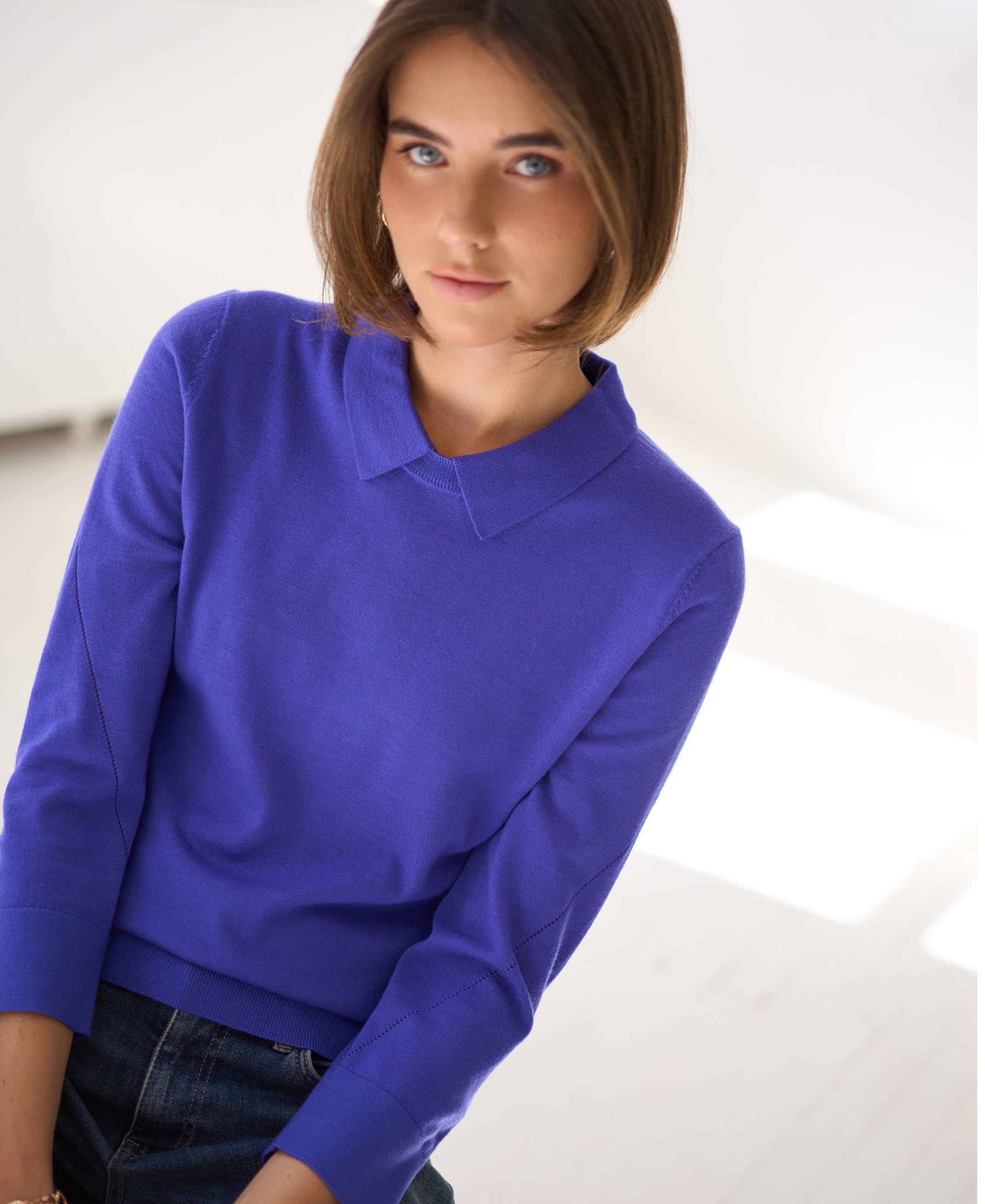 Merino-Pullover mit Polokragen von LA MARCEAU, Blue Iris
