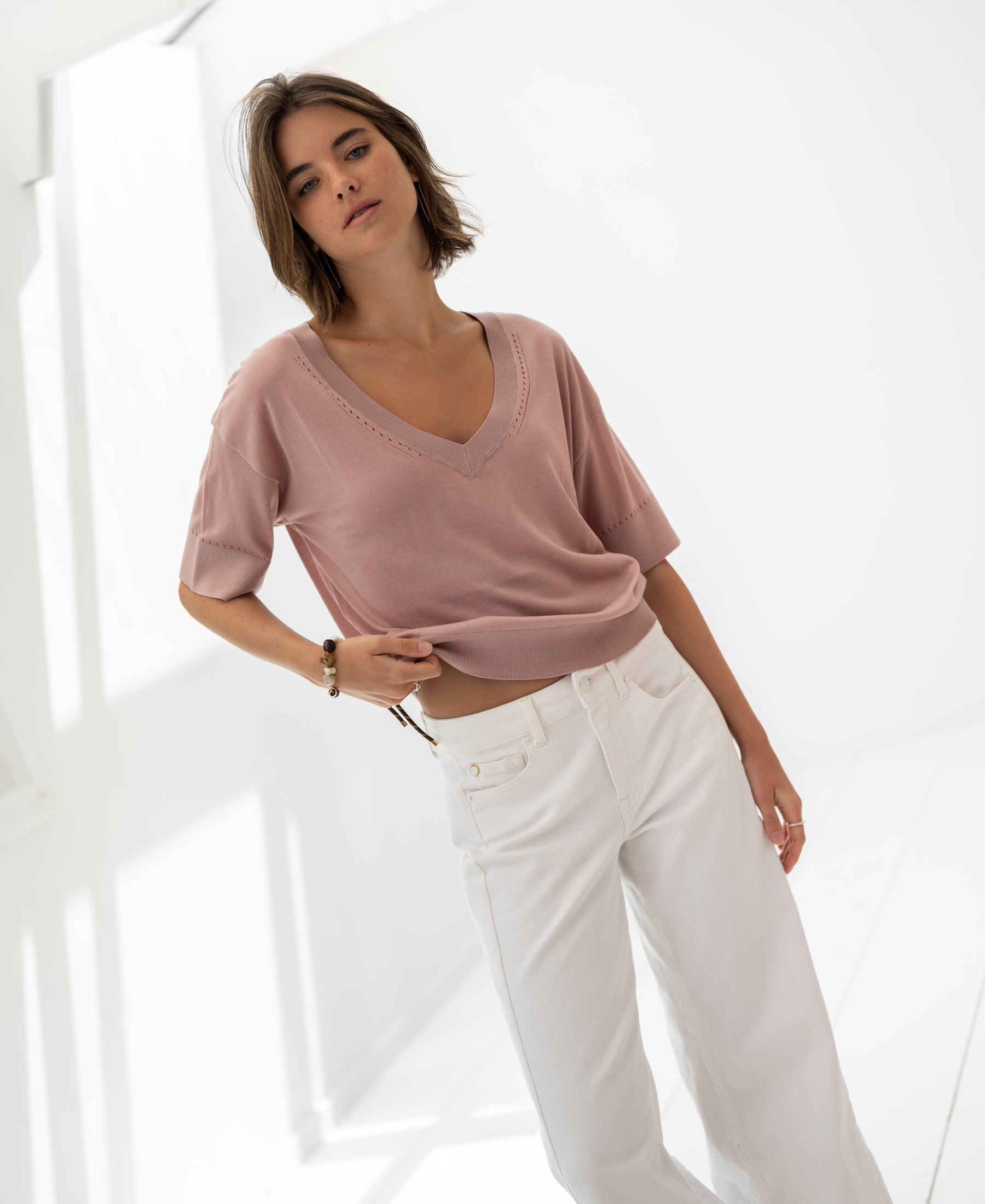 Dusty rose silk blend top by PLEIN PUBLIQUE, LE MARDY style.