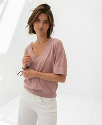Dusty rose silk blend LE MARDY top by PLEIN PUBLIQUE shown in a bright, minimal white room.