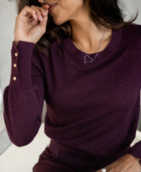 Merino wool sweater LA MARIS Wine-Gold by PLEIN PUBLIQUE with gold buttons.