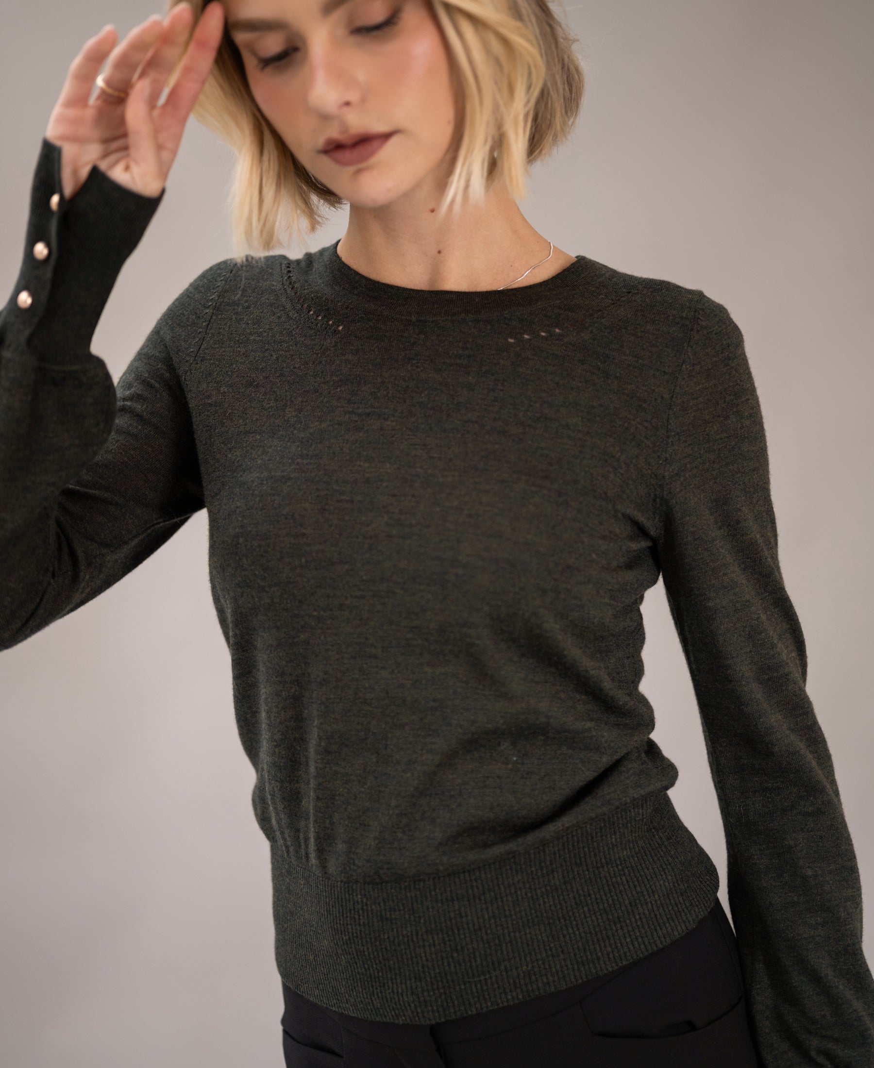 Dark green and gold merino wool sweater by PLEIN PUBLIQUE, LA MARIS design.