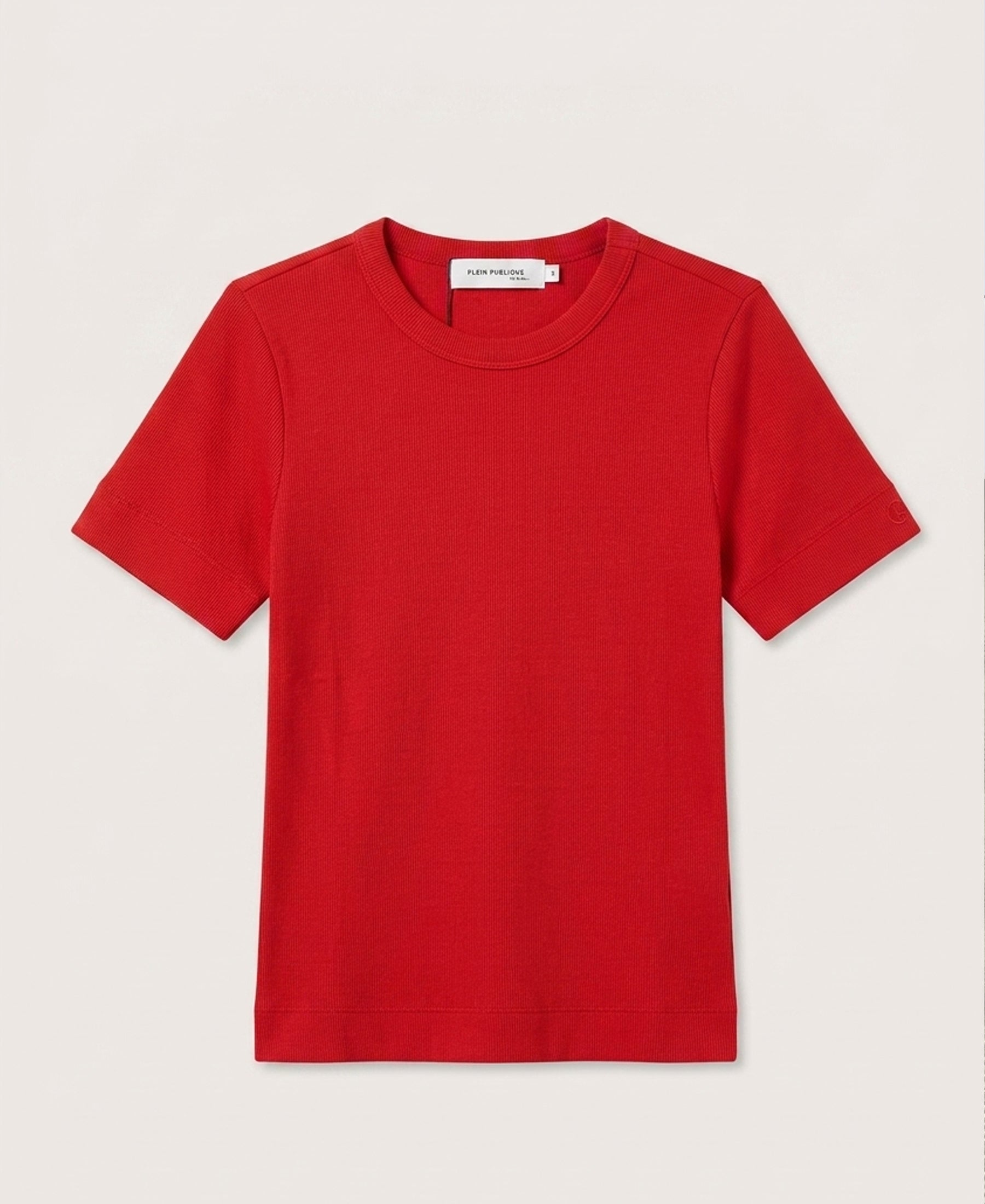 The luxe and soft LA MASSY red T-shirt by PLEIN PUBLIQUE is displayed against a light beige background.