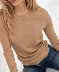 Camel-colored Merino wool shirt by Plein Publique, style La Megeve, shown on a woman with long blonde hair.
