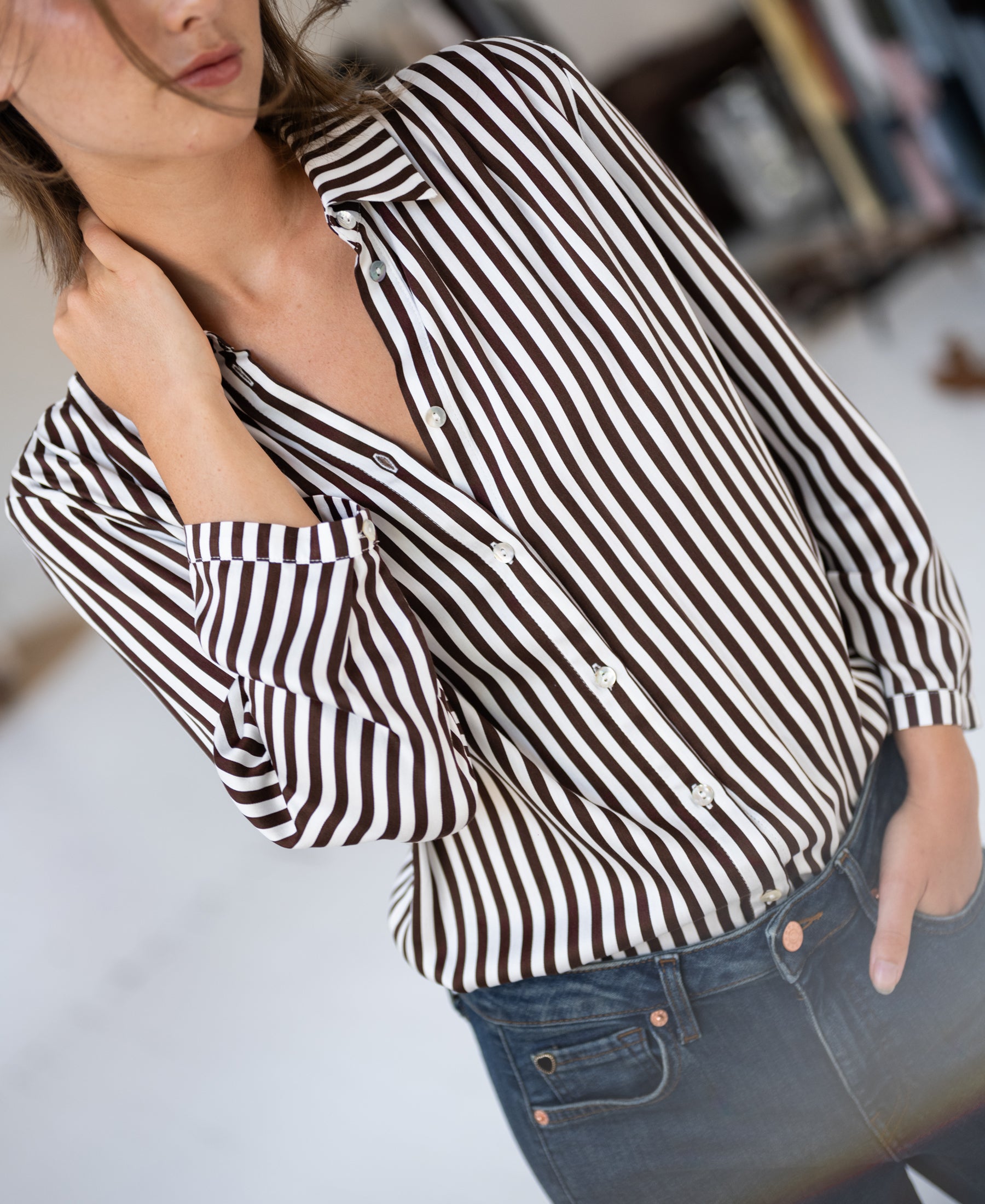 Ivory-cocoa striped LA MINOU blouse with tie detail by PLEIN PUBLIQUE.
