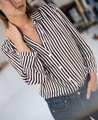 Ivory-cocoa striped LA MINOU blouse with tie detail by PLEIN PUBLIQUE.