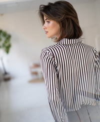 Ivory-cocoa striped blouse with tie detail by PLEIN PUBLIQUE, LA MINOU style.