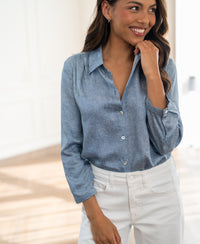 Jeans print blouse with tie detail from Plein Publique LA MINOU shown in sunlight.