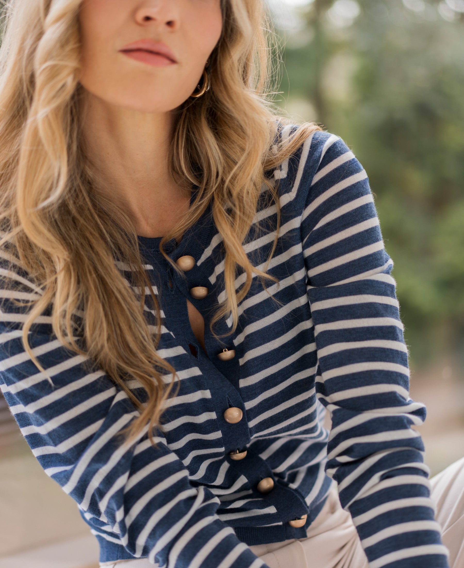 PLEIN PUBLIQUE LA MONACO striped cardigan in denim and ivory.