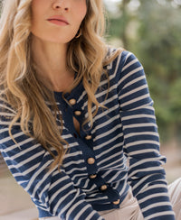 PLEIN PUBLIQUE LA MONACO striped cardigan in denim and ivory.