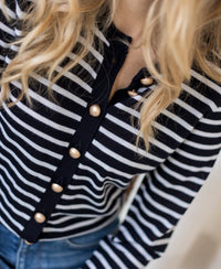 Dark blue and ivory striped cardigan by PLEIN PUBLIQUE LA MONACO.