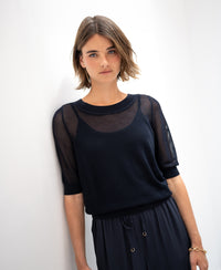 Dark blue PLEIN PUBLIQUE mesh sweater with silk, shown against a white wall.