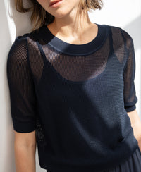 Navy blue mesh sweater with silk blend, shown in sunlight, partial front view. Brand PLEIN PUBLIQUE LE NANCY.
