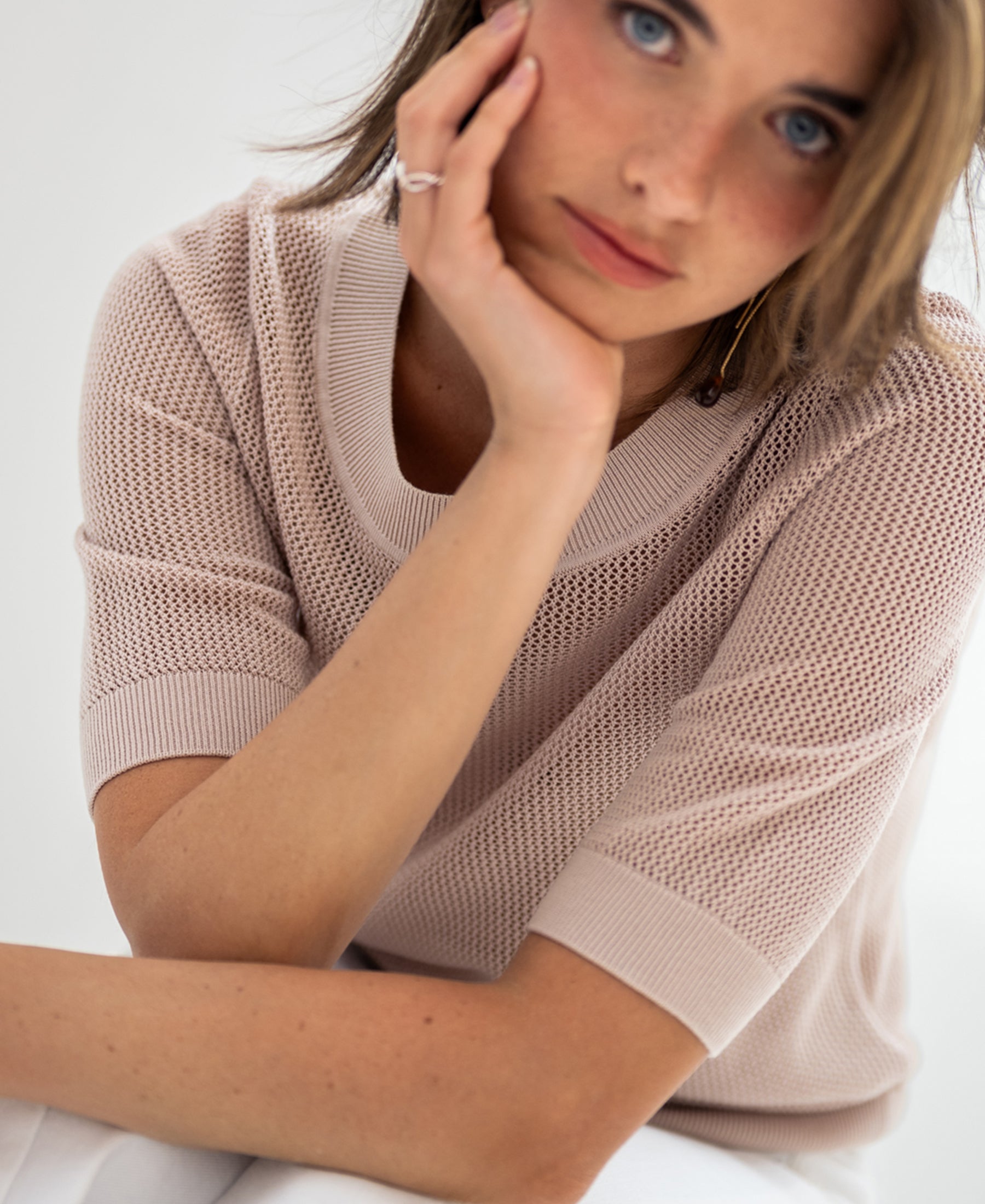 Light sand mesh sweater with silk by PLEIN PUBLIQUE, shown from the front.