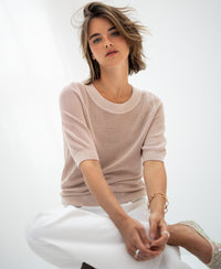 PLEIN PUBLIQUE light sand mesh sweater with silk, front view.