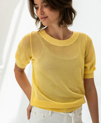 PLEIN PUBLIQUE mesh sweater LE NANCY with silk in Citron pressé, shown in soft bright light.