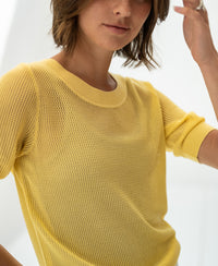 Citron yellow mesh sweater with silk, cropped at the waist, shown in soft lighting.