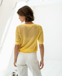 Yellow mesh sweater, back view.