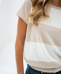 Short-sleeved striped LA PALOISE sand-ivory sweater by PLEIN PUBLIQUE, shoulder to waist view.