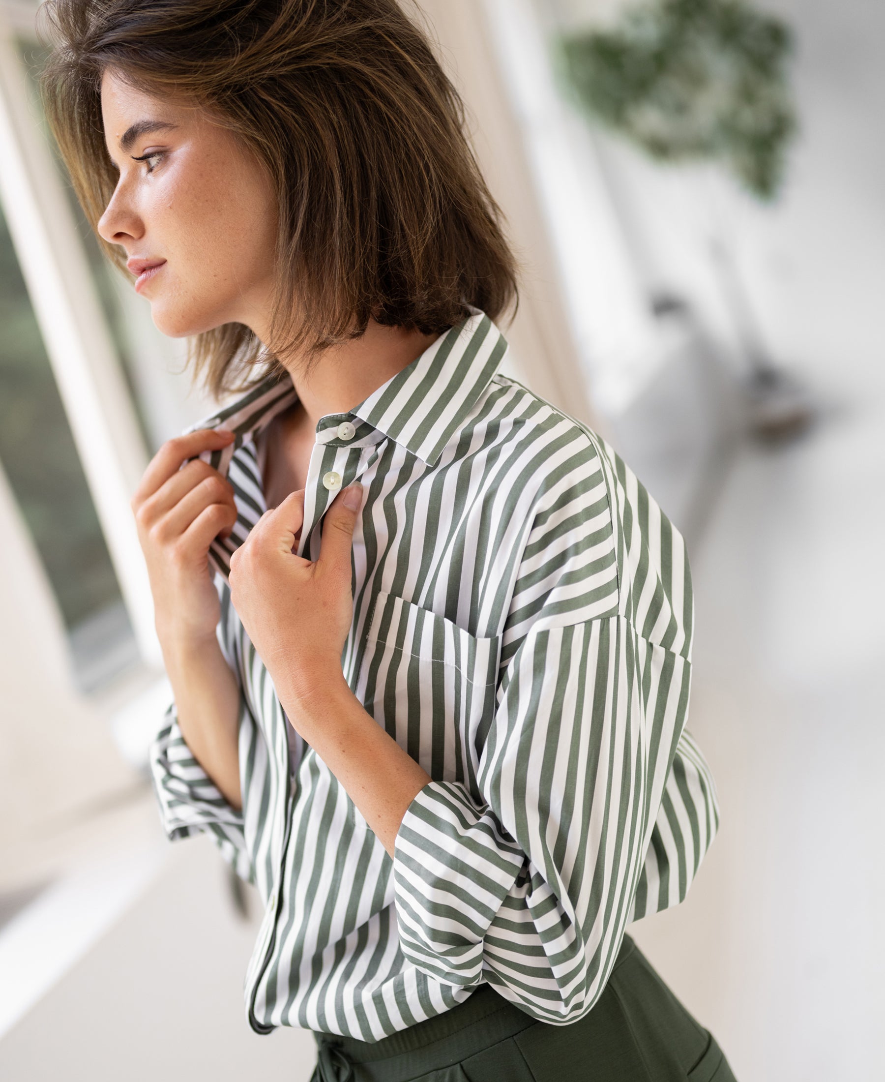 LA PASCALLE blouse by PLEIN PUBLIQUE in white and olive green stripes, shown from the front.