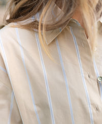 Close-up of the PLEIN PUBLIQUE LA PASCALLE sand-light blue striped blouse.