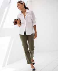 White tonal striped blouse from Plein Publique La Pascalle, shown in sunlight.
