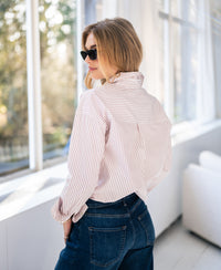 White and dark red striped blouse by PLEIN PUBLIQUE, front and back view.