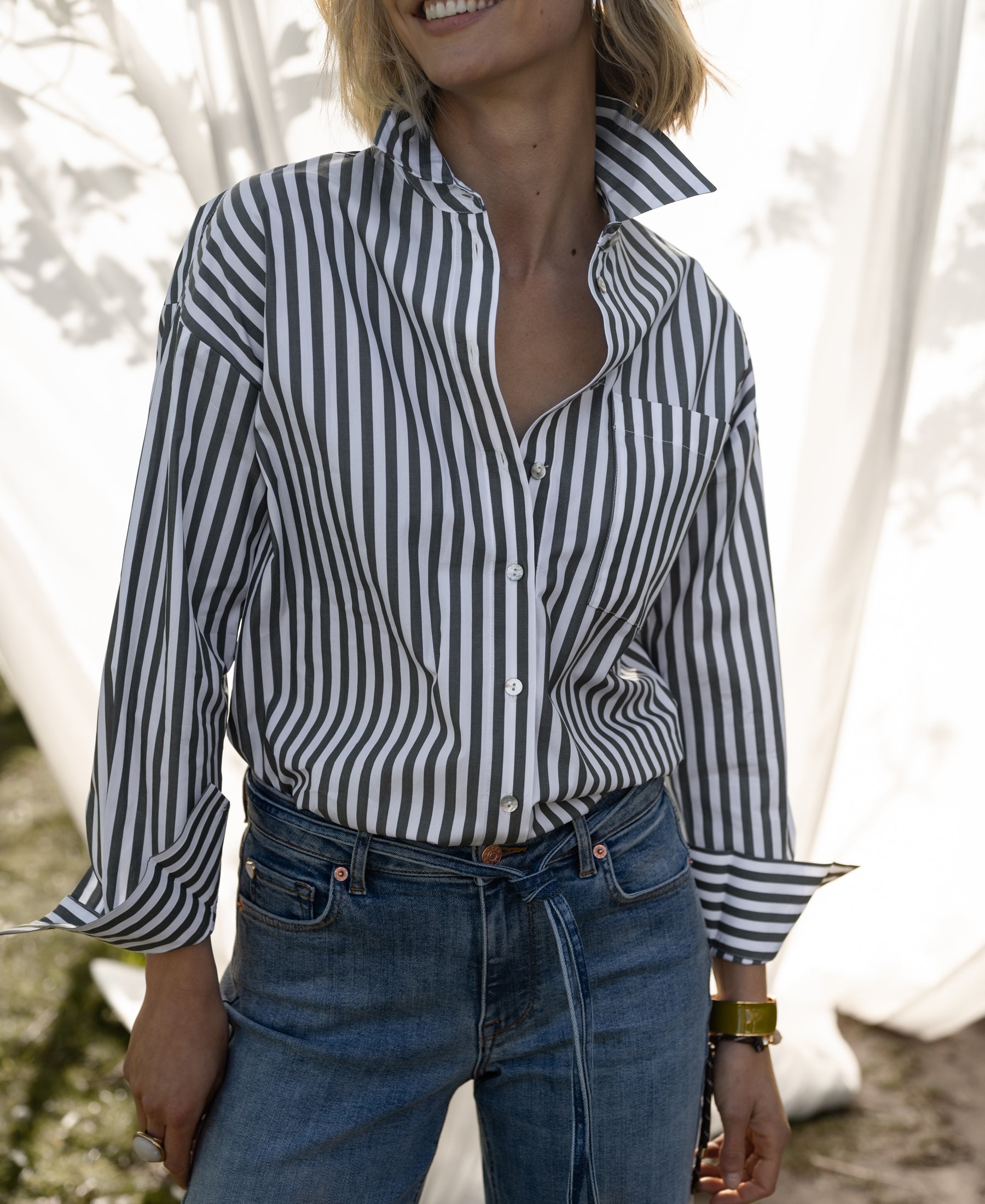 PLEIN PUBLIQUE LA PASCALLE blouse in white and olive green stripes.